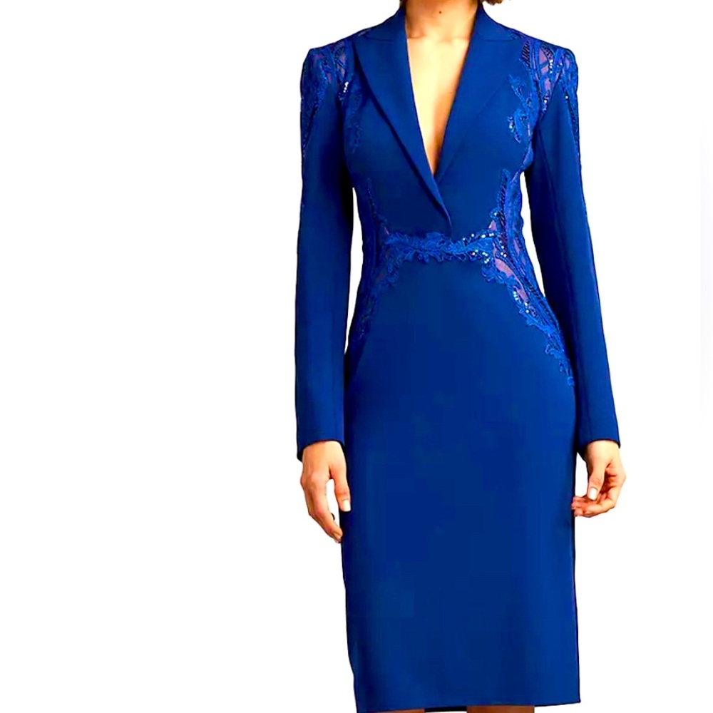 Tadashi Shoji Crepe Lace-Paneled Blazer Midi-Dress